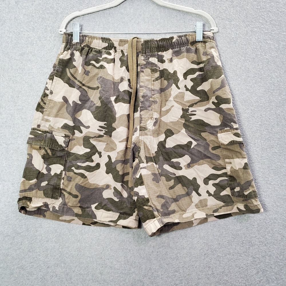 VINTAGE Big Dogs Men Shorts M Olive Camo Ripstop Cargo‎ Pockets Drawstring Y2K